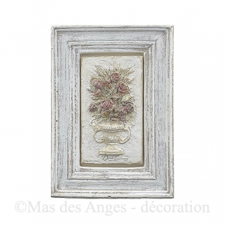 Cadre blanc patine beige - "Sylvan" motif fleurs.